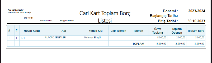 Muhasebe İşlemleri Cari Kart Listesi