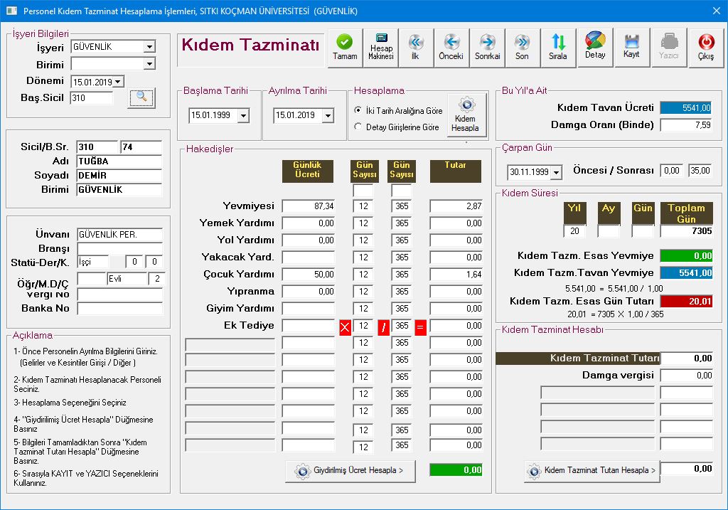 Maaş Bordrosu Kıdem Tazminatı Hesaplama Tablosu